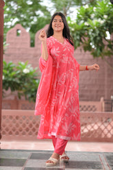 Arihantam Coral Bloom Cotton Anarkali 3-Piece Set